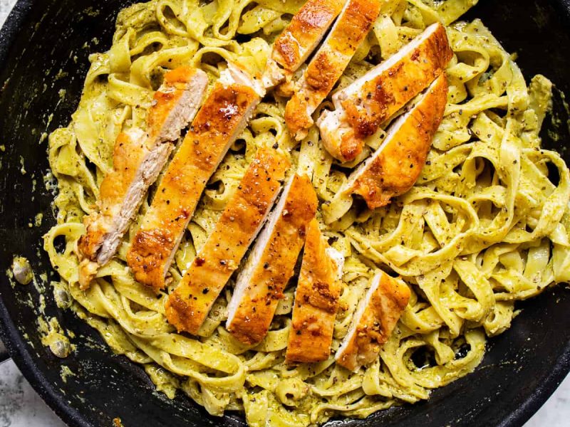 Breaded Chicken Fillet with Pasta and Pesto